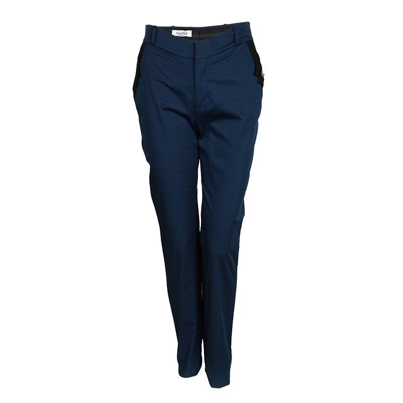 Pre Owned Valentino Navy Blue Cotton Contrast Bow Pocket Detail Pants M