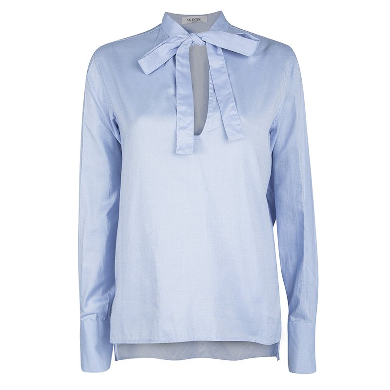 Pre Owned Valentino Blue Cotton Chambray Neck Tie Detail Long Sleeve Blouse M