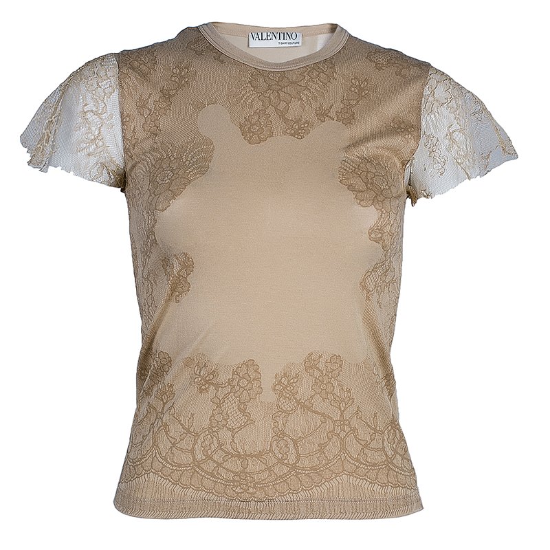 Pre Owned Valentino Beige Lace Print Cotton Top XS
