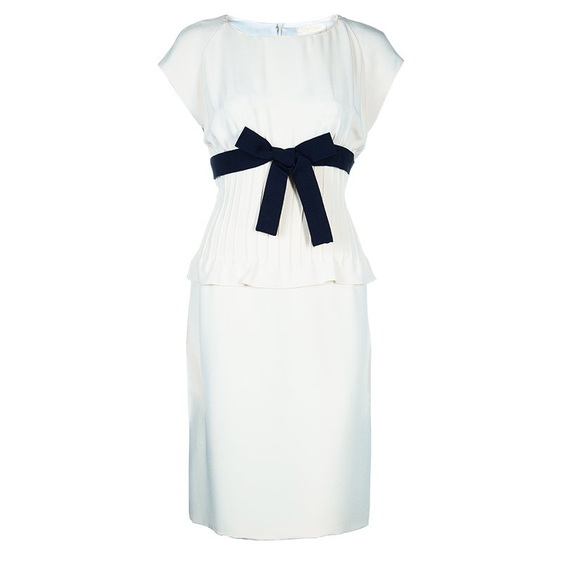 Pre Owned Valentino Cream Short Sleeve Bow Detail Dress L
