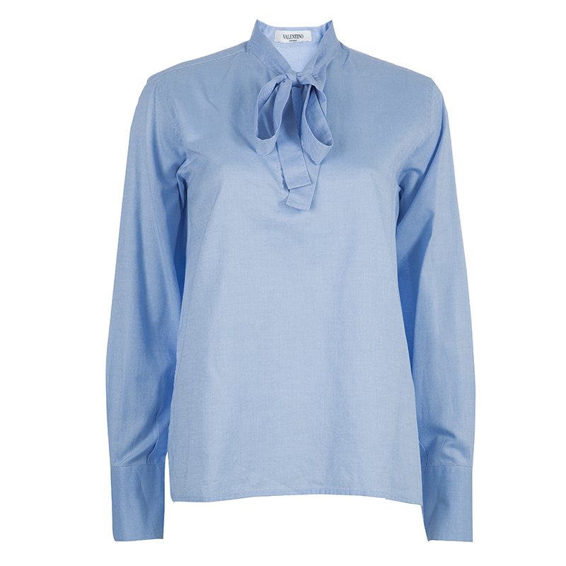 Valentino Blue Tie Neck Long Sleeve Shirt M Valentino | TLC