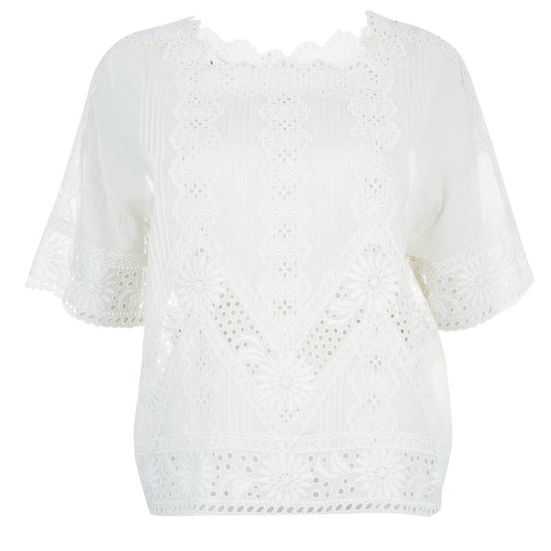 Pre Owned Valentino White Floral Eyelet Embroidered Pintuck Detail Long Sleeve Blouse M