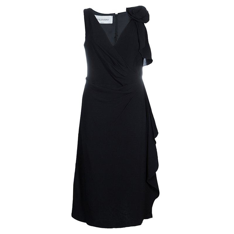 Pre Owned Valentino Black Ruched Side Floral Applique Detail Sleeveless Dress M