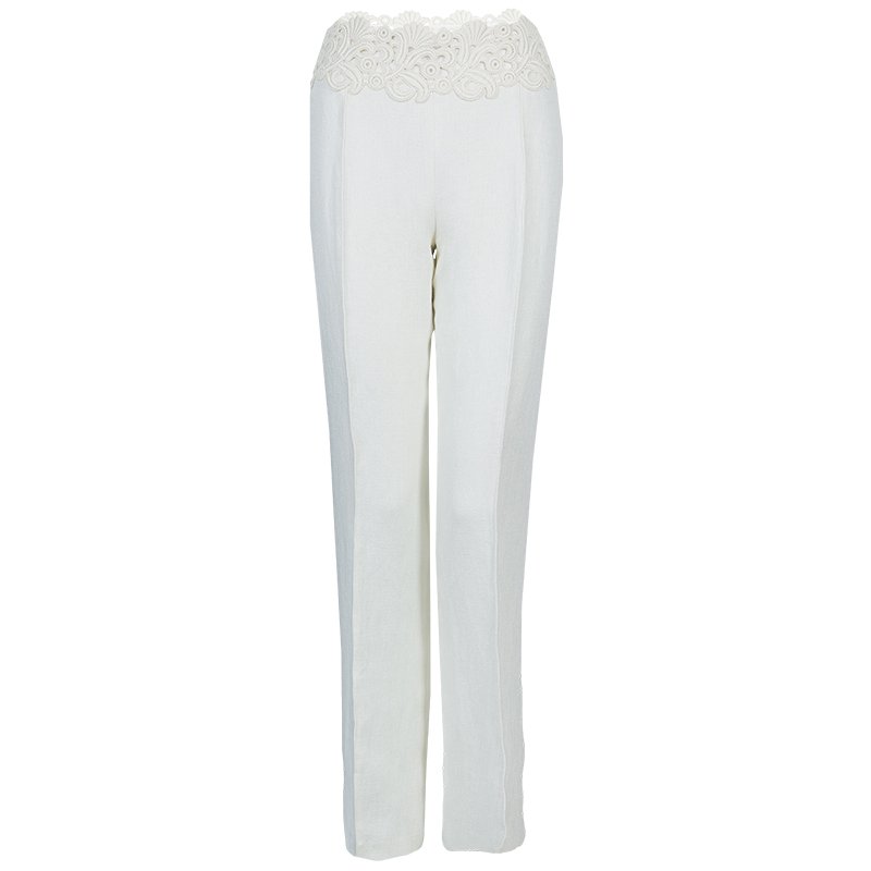 Pre Owned Valentino Cream Lace Detail Trousers M