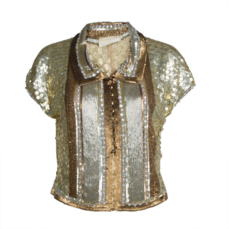 Pre Owned Valentino Gold All Over Embellished Cap Sleeve Crop Top L