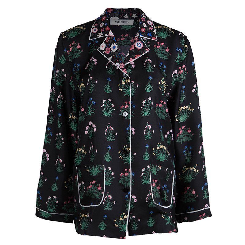 Pre Owned Valentino Black Floral Printed Silk Shirt S