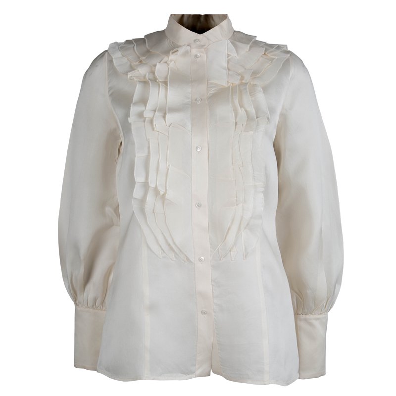 Pre Owned Valentino Cream Silk Ruffle Detail Long Sleeve Shirt L