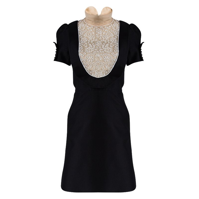 Pre Owned Valentino Black Beaded Yoke Detail Short Sleeve Dress S