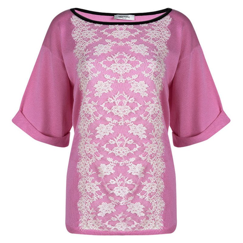 Pre Owned Valentino Pink Knit Scallop Lace Applique Detail Top XL