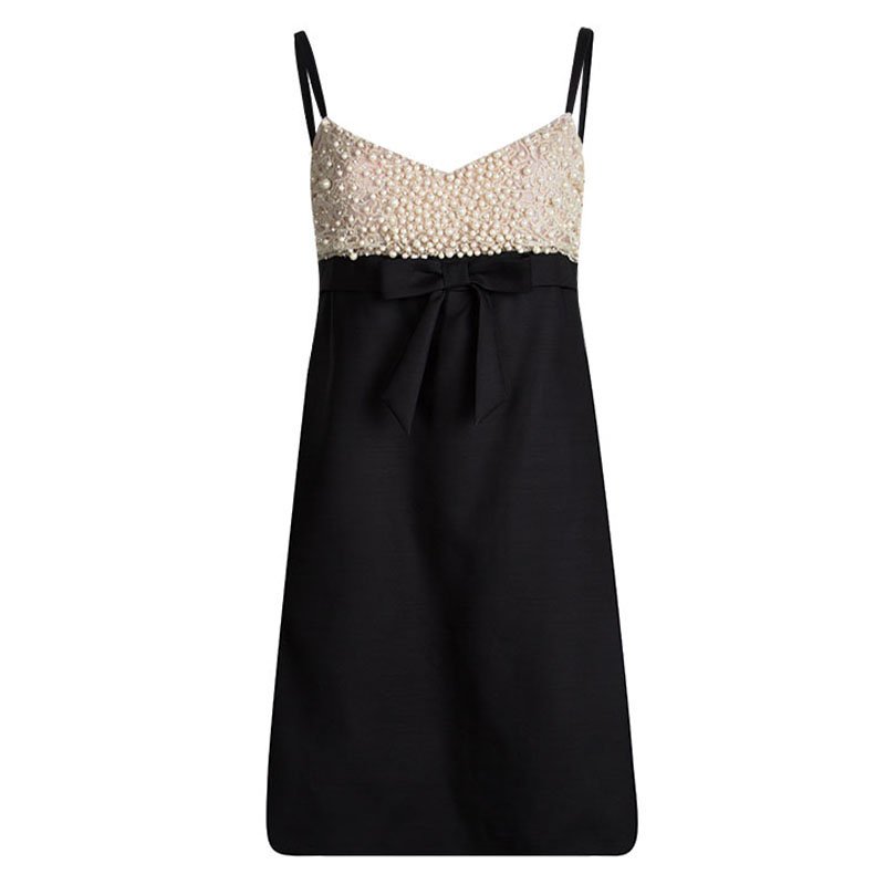 Valentino Black Pearl Embellished Bow Detail Sleeveless Dress L