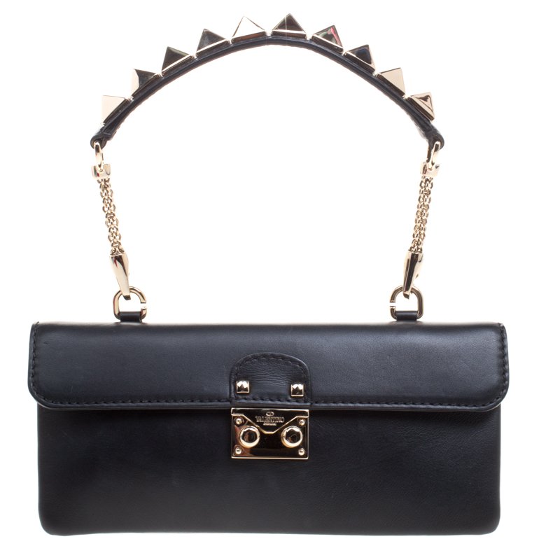 Pre Owned Valentino Black Leather Rockstud Clutch Bag