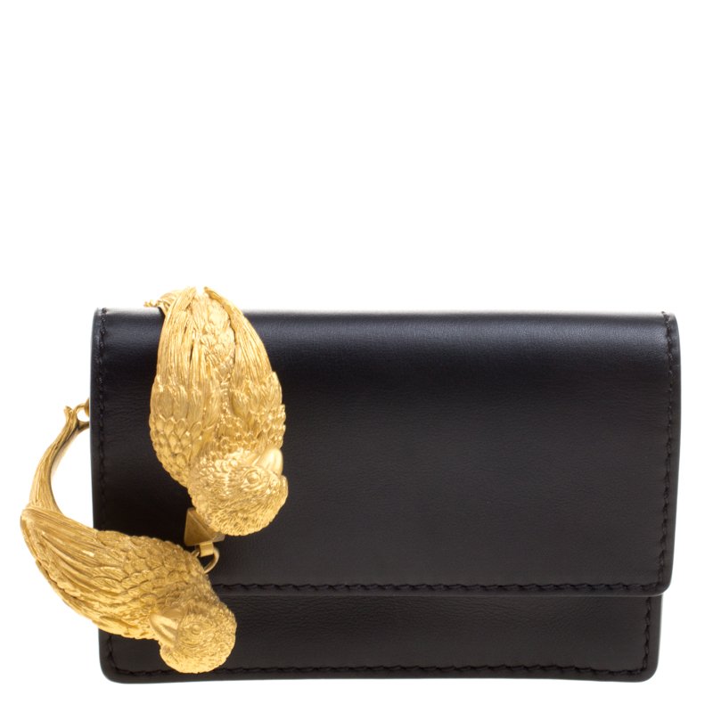 Pre Owned Valentino Black Leather Wristlet Bracelet Clutch