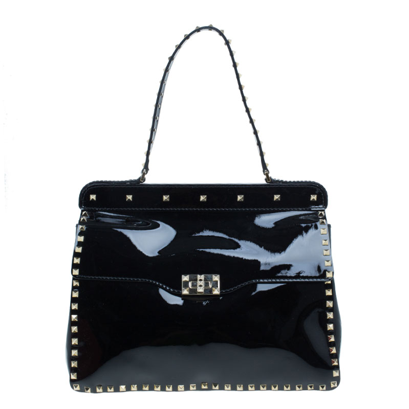 مملوكة مسبقًا Valentino Black Patent Leather RockStud Frame Top Handle Tote