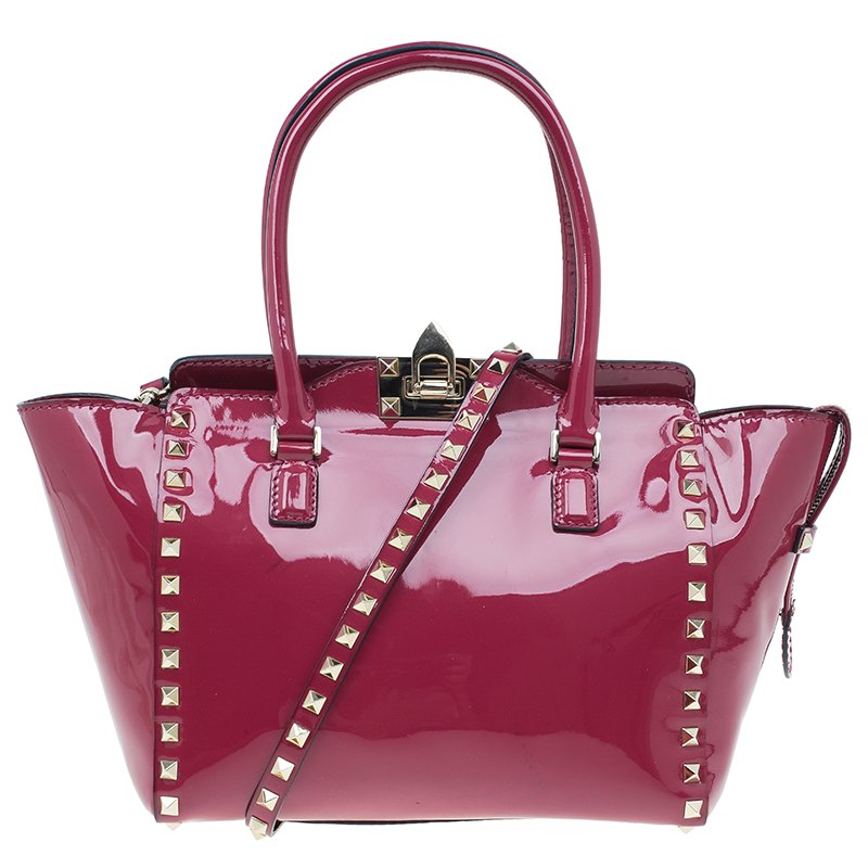 Pre Owned Valentino Pink Patent Leather Small Rockstud Shopper Tote Bag