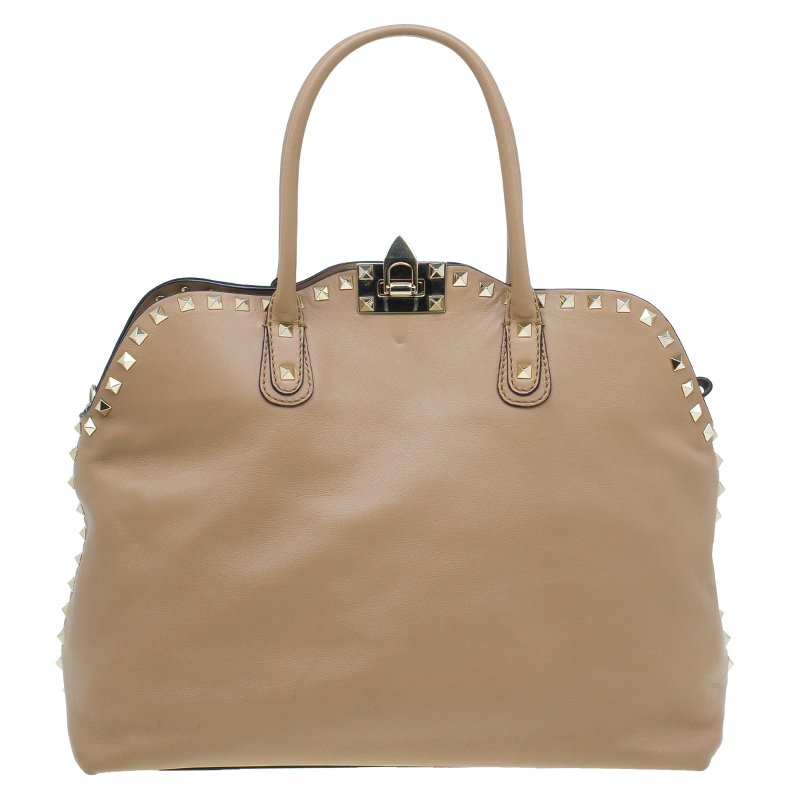 Pre Owned Valentino Beige Leather Rockstud Dome Double Handle Bag