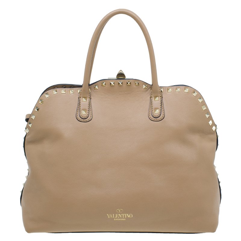 Valentino Beige Leather Rockstud Dome Double Handle Bag