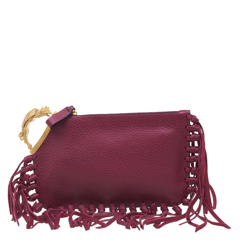 Pre Owned Valentino Red Leather C Rockee Gryphon Fringe Clutch