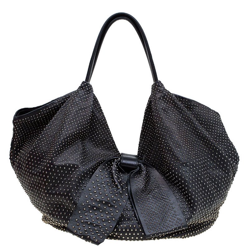 Pre Owned Valentino Black Nappa Leather Studded Folie Bow Hobo