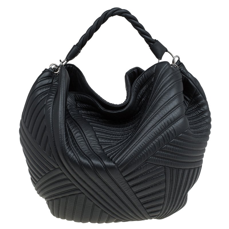 Pre Owned Valentino Black Leather Braided Stitch Hobo
