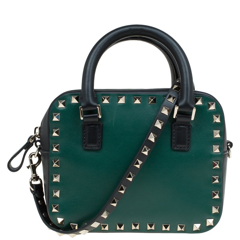 Pre Owned Valentino Green/Black Leather Mini Rockstud Top Handle Bag