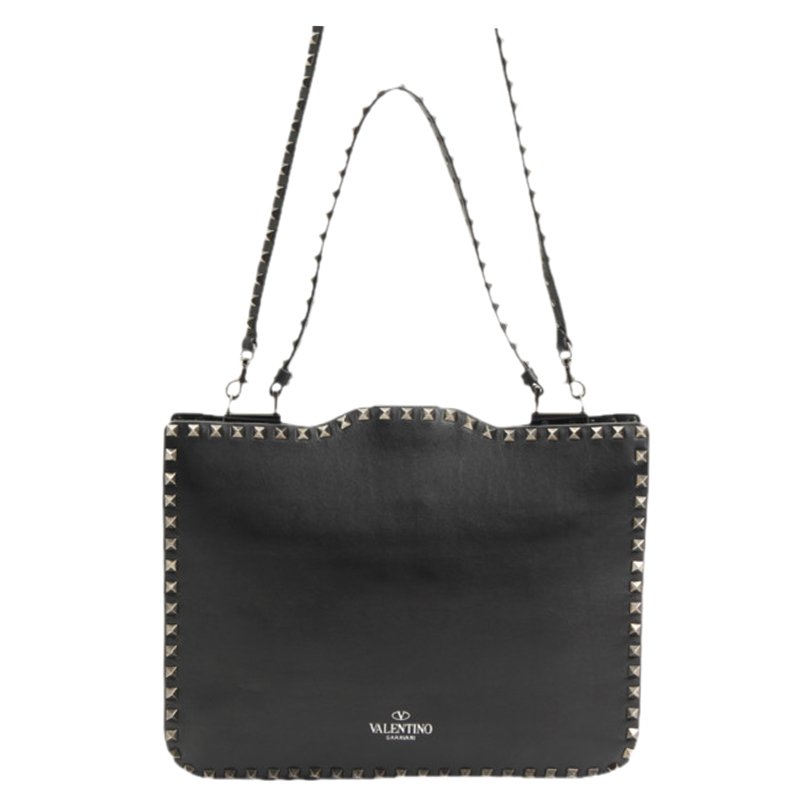 Pre Owned Valentino Black Leather Rockstud Flip Lock Messenger Bag