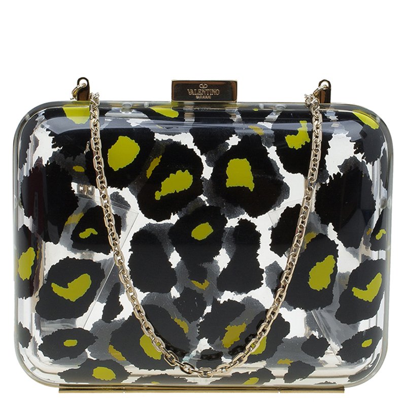 Pre Owned Valentino Leopard Print Plexiglass Chain Clutch