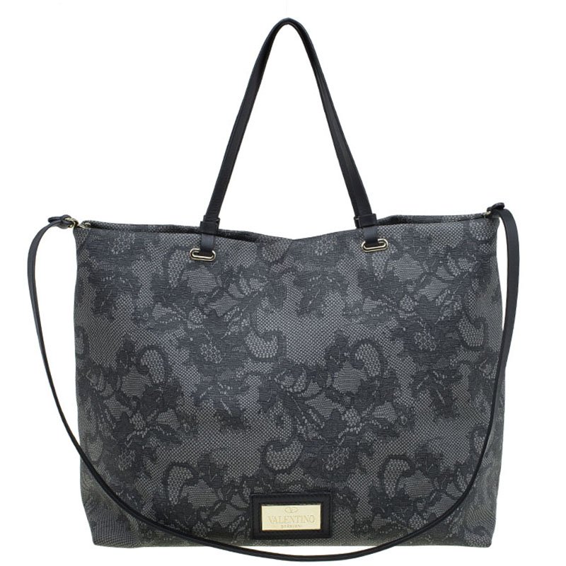 Pre Owned Valentino Grey Vinyl Lace Print Tote