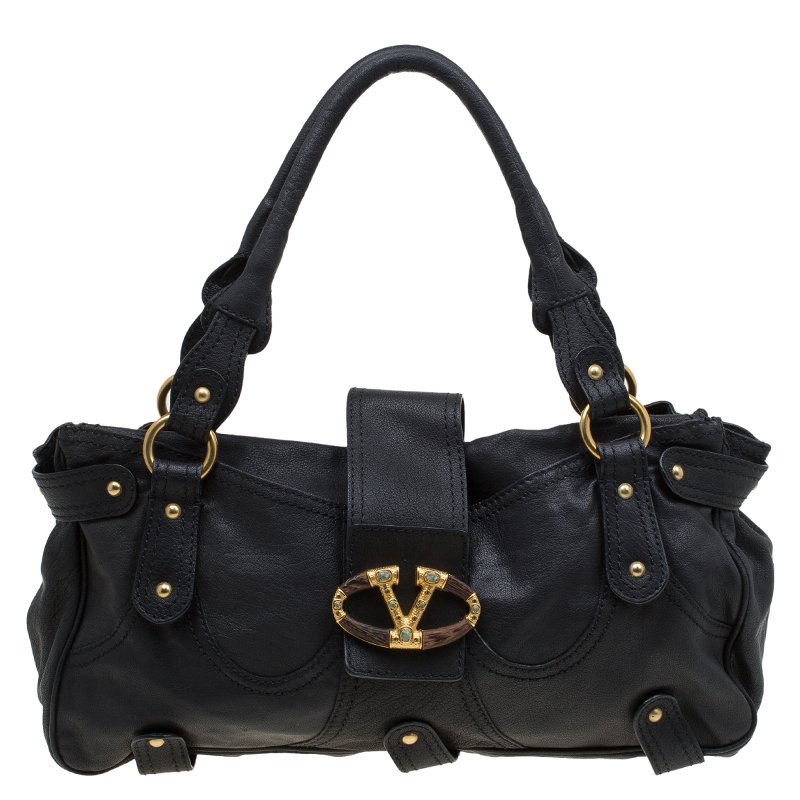 Pre Owned Valentino Black Leather and Crystal Catch Satchel