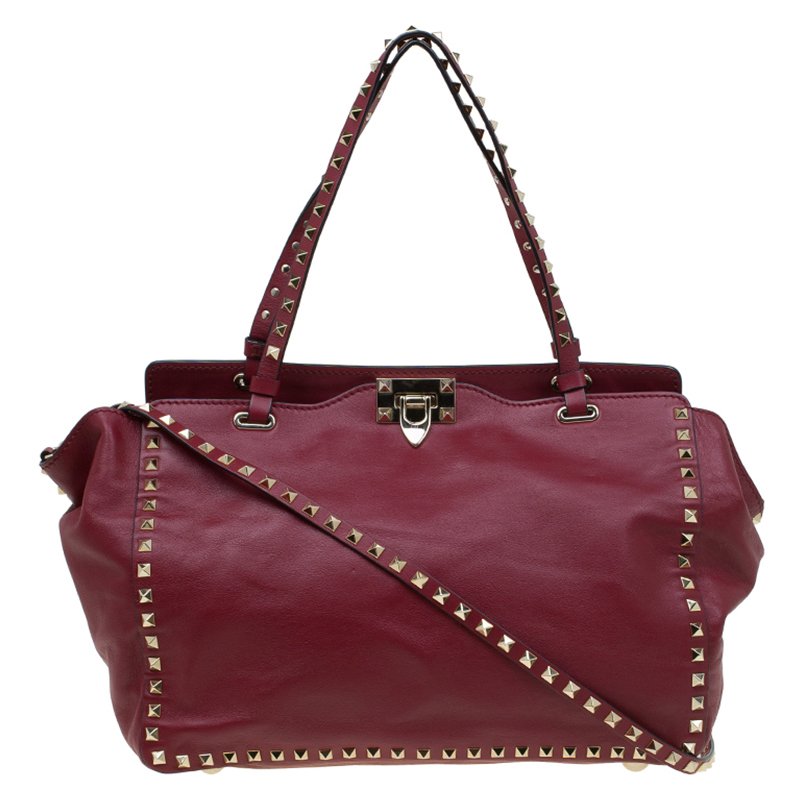 Pre Owned Valentino Burgundy Leather Medium Rockstud Tote
