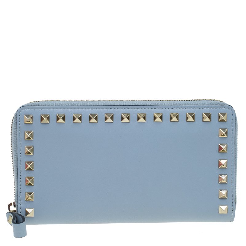 Pre Owned Valentino Grey Leather Rockstud Zip Around Wallet