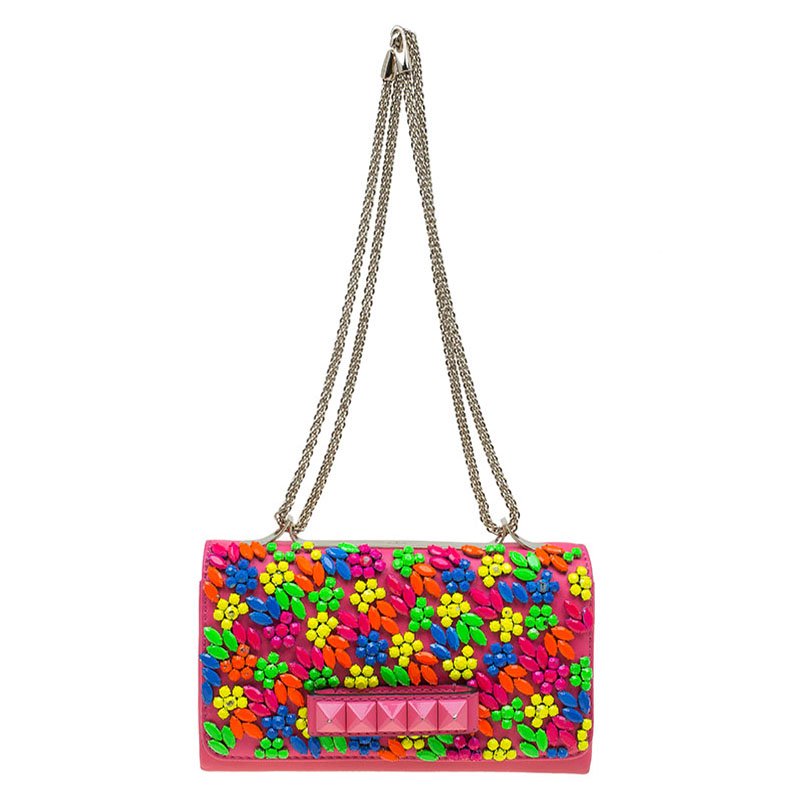 Pre Owned Valentino Pink Leather Jewel Embellished Va Va Voom Shoulder Bag