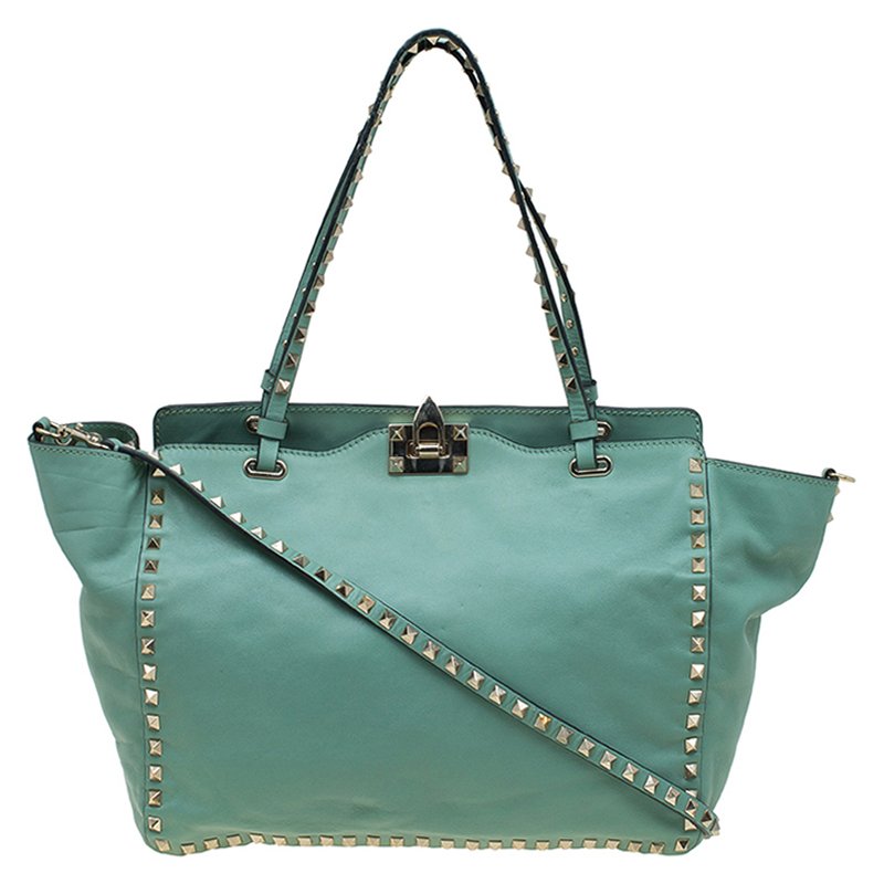 Pre Owned Valentino Light Green Leather Medium Rockstud Tote