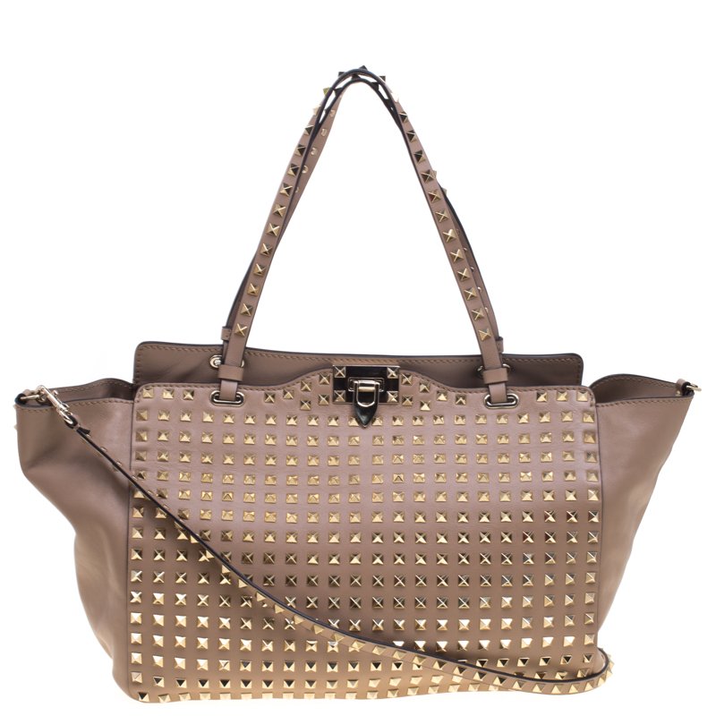 Pre Owned Valentino Beige Leather Medium Studded Rockstud Tote