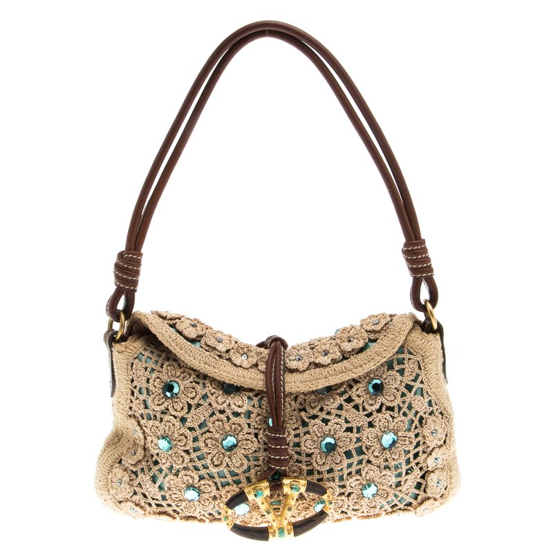 Valentino Beige Crochet Raffia Jewel Embellished Catch Shoulder Bag