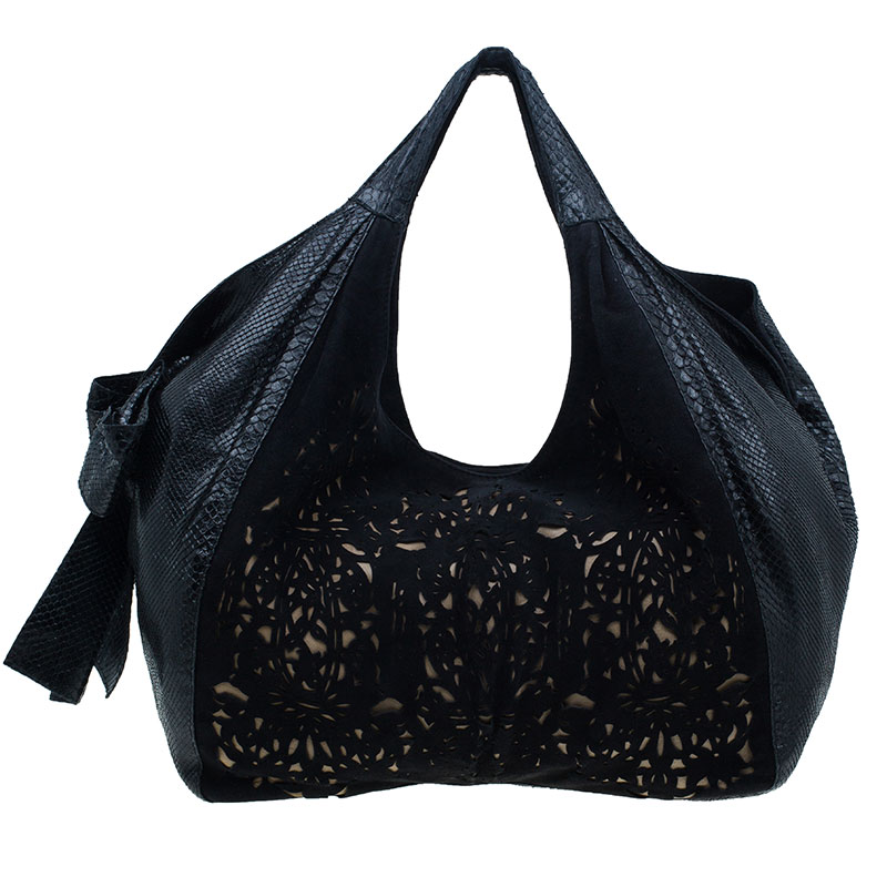 Pre Owned Valentino Black Suede and Python Nuage Bow Tote