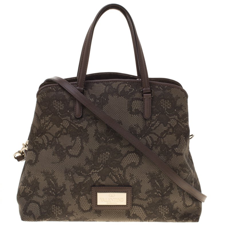 Pre Owned Valentino Beige Lace Print PVC Shoulder Bag