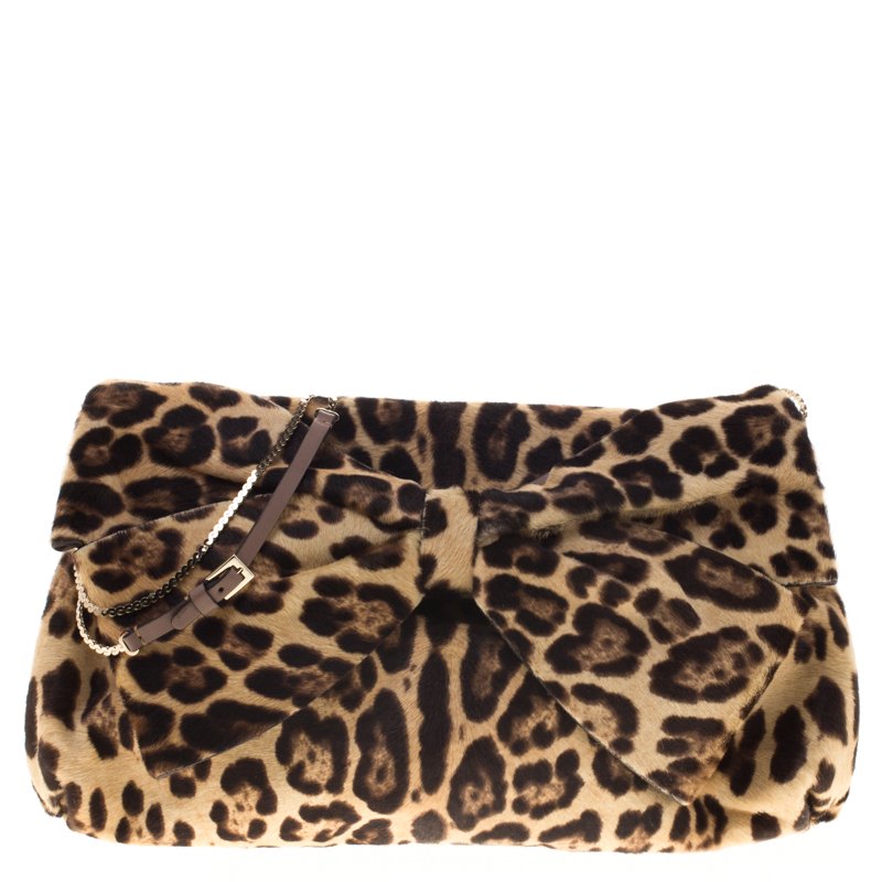 Pre Owned Valentino Leopard Print Calf Hair Bow Shoulder Bag