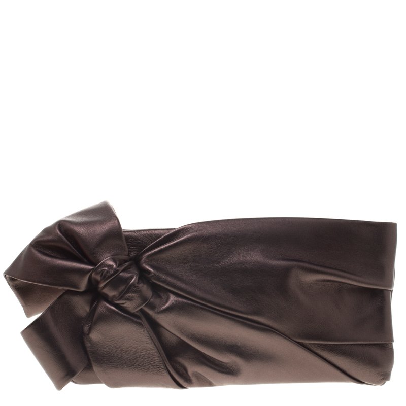 Pre Owned Valentino Bronze Leather Bow Clutch