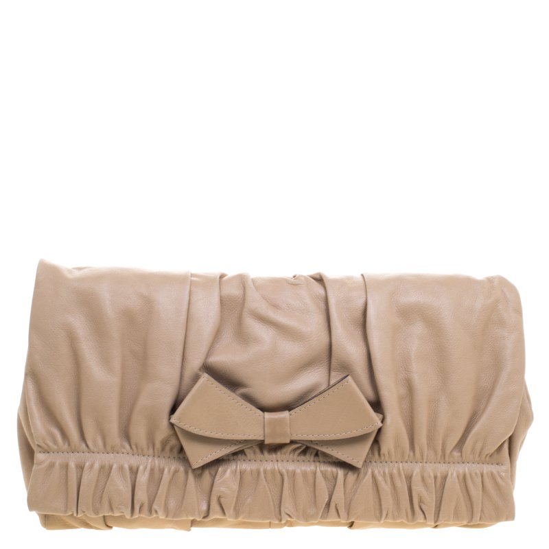 Pre Owned Valentino Beige Leather Bow Clutch