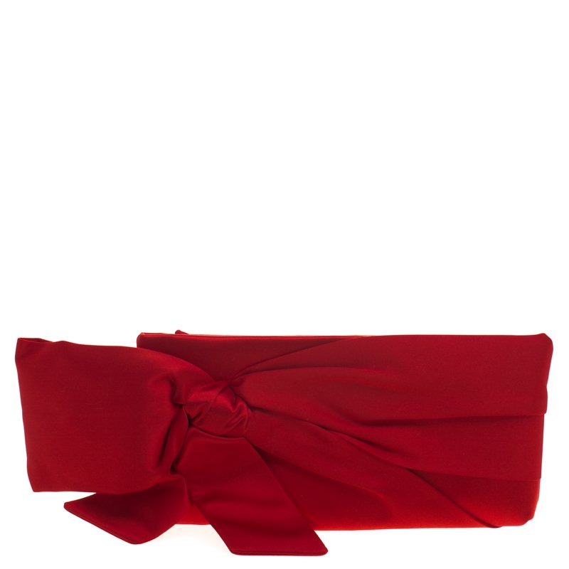 Pre Owned Valentino Red Satin Pleated Bow Clutch