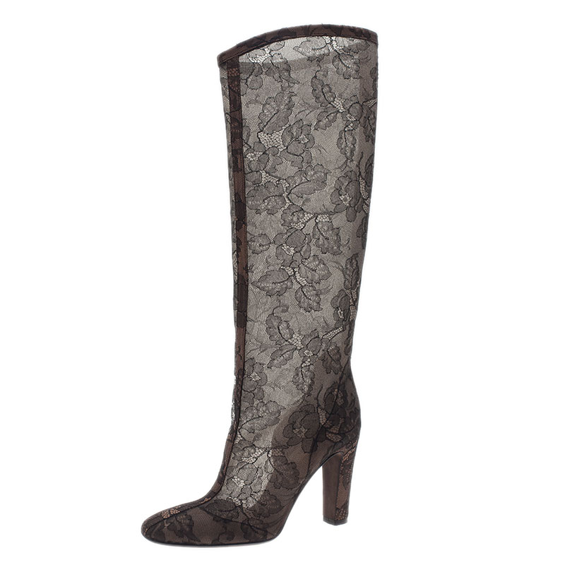 Valentino Black Lace Mesh Knee Boots 