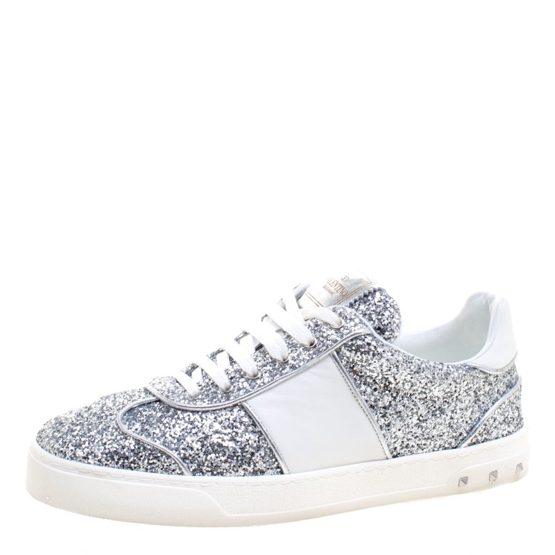 Valentino Silver/White Glitter and Leather Fly Crew Lace Up Sneakers ...