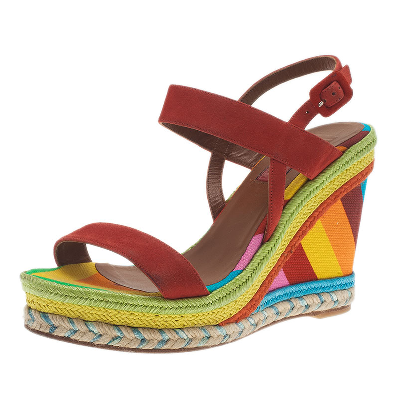 Pre Owned Valentino Multicolor Canvas Suede Wedge Sandals Size 36.5