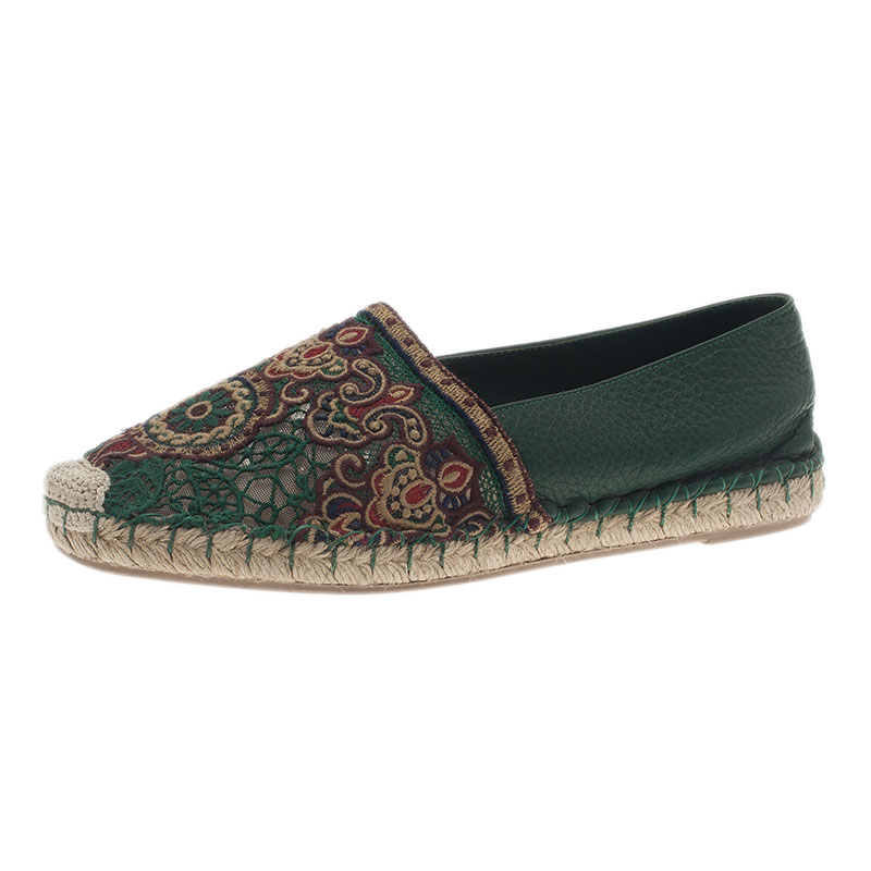 Valentino Green Embroidered Leather Espadrilles Size 38