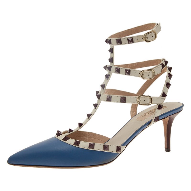 Valentino Blue and Beige Leather Rockstud Sandals Size 41