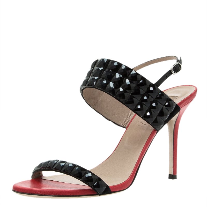 Pre Owned Valentino Red and Black Embellished Ankle Strap Sandals Size 41