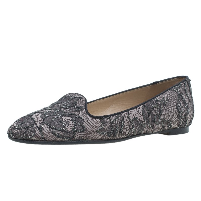 Pre Owned Valentino Grey Lace Smoking Slippers Size 35