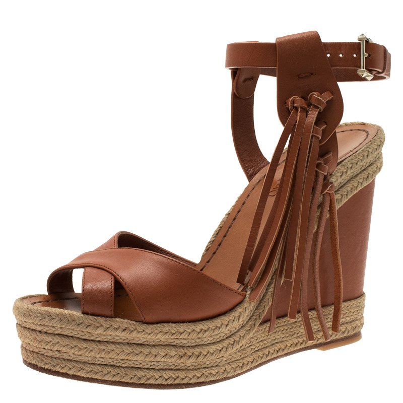 Pre Owned Valentino Brown Leather Fringed Espadrille Platform Wedge Sandals Size 37