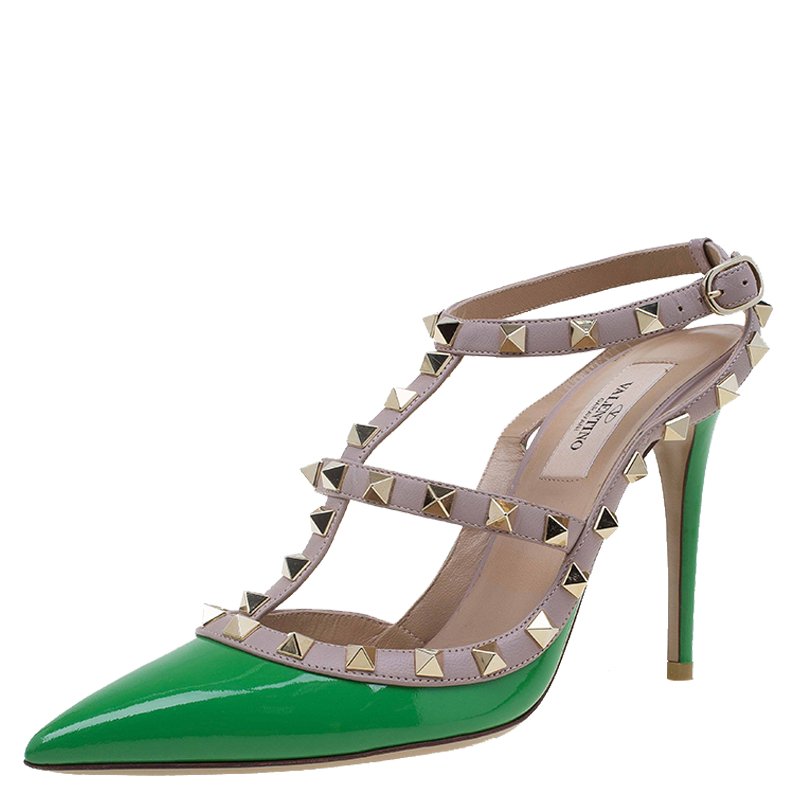 Pre Owned Valentino Green Patent and Beige Leather Rockstud Sandals Size 38