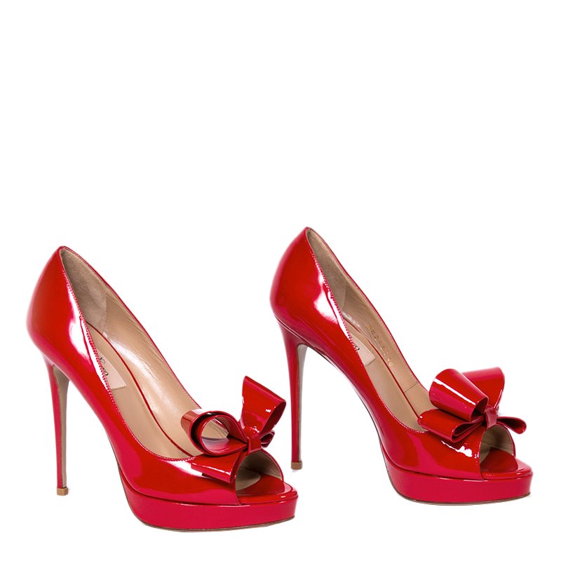 Valentino Red Patent Couture Bow Peep Toe Platform Pumps Size 38 ...